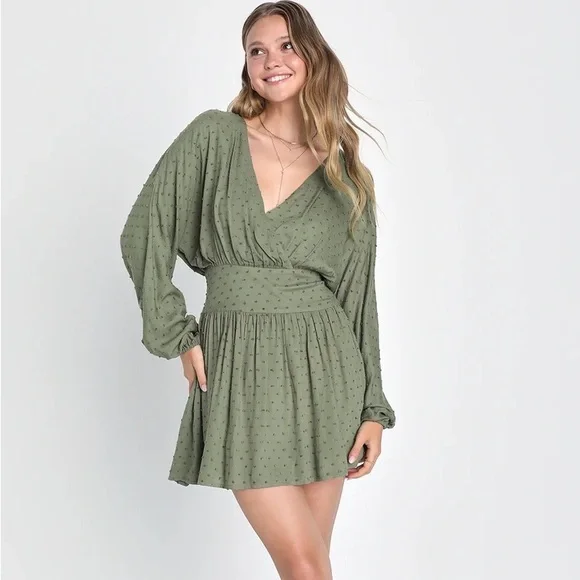 Lulus | Dresses | Lovely Charm Olive Green Swiss Dot Long Sleeve Mini Dress  | Poshmark